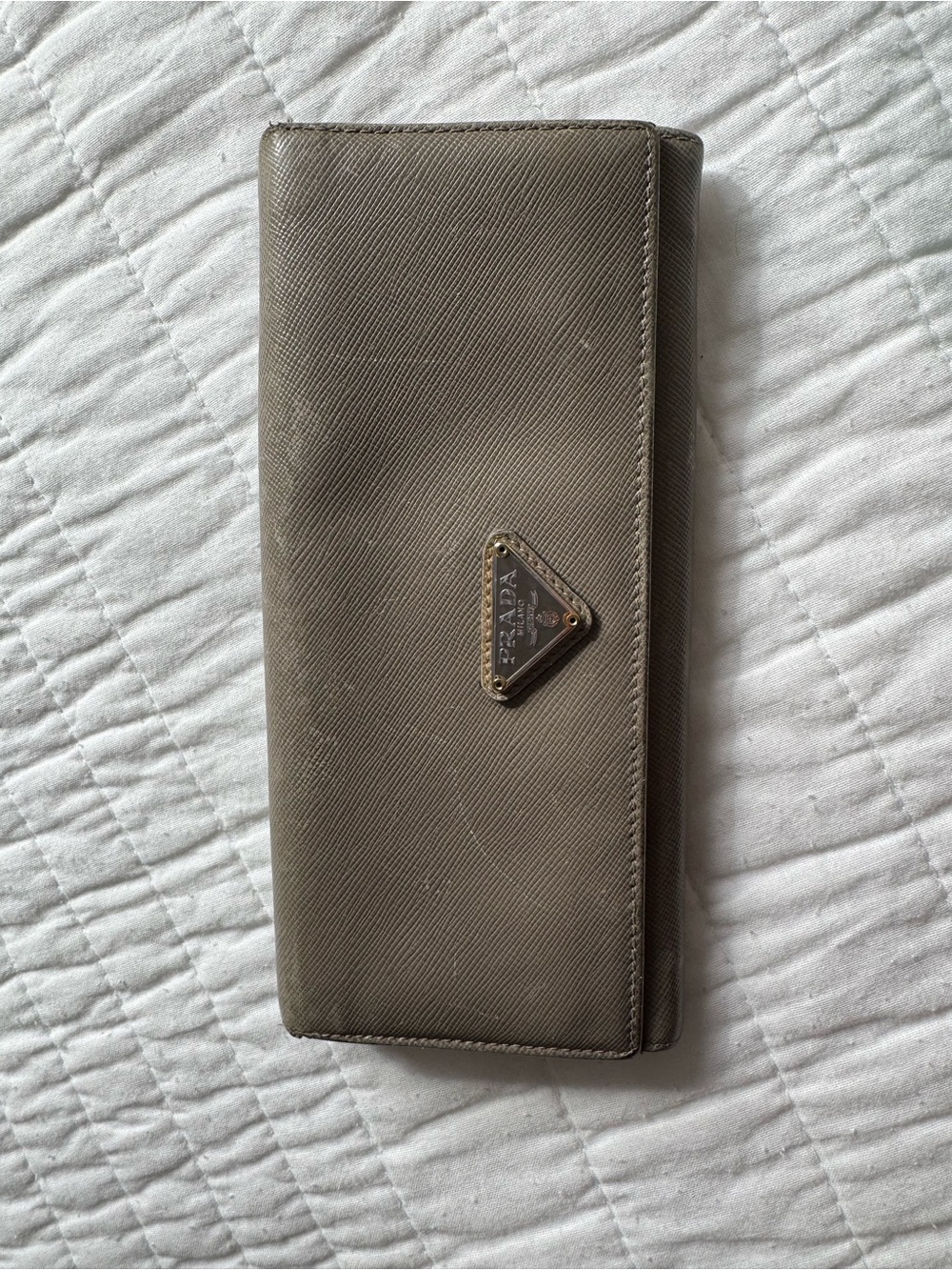 Prada Taupe Saffiano Long Wallet with Metal Triangle Logo